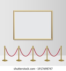 Golden frame for picture with gold stanchions barrier. Mock up template for famous painting vector illustration. Realistic scene with fence and wall indoor on white background.