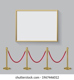 Golden frame for picture with gold stanchions barrier. Mock up template for famous painting vector illustration. Realistic scene with fence and wall indoor on white background.