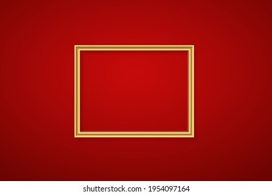 Golden frame for picture on red background. Gold border on blank space for picture, painting, card or photo. 3d realistic modern bright template mock up vector illustration.