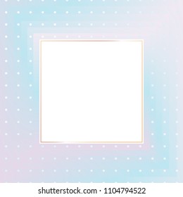 Golden Frame and polka dot pattern on multicolored background. White Square on Light Blue Pink Violet gradient background. Vector EPS 10 cmyk