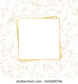 golden frame postcard on marble background. concept of trendy minimalist placard, light beige texture with gold line on white. place for your text. template for design invitation, banner, baby shower