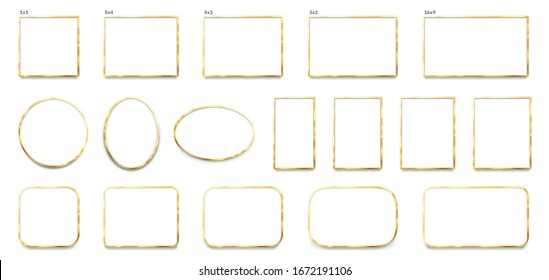 Golden frame with realistic shadow. Glossy gold frames, luxury borders and premium banners. Rectangle and square, round and circle shiny metal frames vector set
