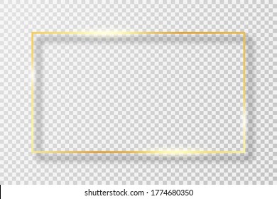 Golden frame in rectangle shape with light effect. Golden luxury frame or border with glares and light on transparent background. Vector