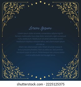 Golden frame in retro style with branches, stars and moon. Vector hand drawn design element