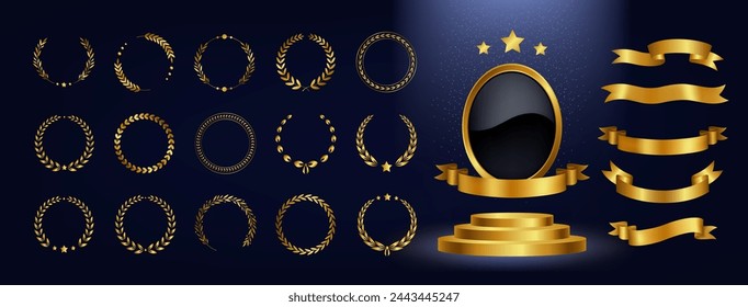 Goldener Rahmen und Band. Luxuriöse isolierte Gold-Metallic-Elemente im Hintergrund. Zeremonienprämie, Zertifikatsstufe, elegantes Siegerdesign, Circle Template Grand, Dekor der Preisverleihung. Vector Premium Set