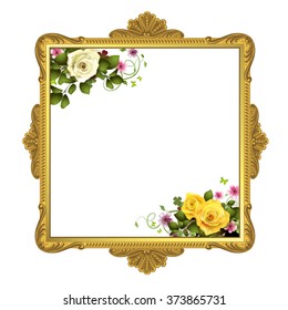 Golden frame with roses on white background