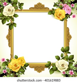 Golden frame with roses on white background