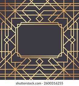Golden frame with rounded corners framing a dark gray rectangle over a geometric background with golden lines forming a seamless pattern, creating an elegant and luxurious art deco design