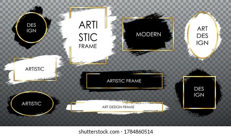 Golden frame set with black and white paint background. Blots with different borders. Vector illustration.