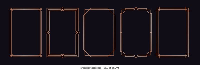 Golden frame set. Minimalistic gold frames and borders for text and photo, art deco line modern elegant decorative elements. Vector luxury graphic collection.