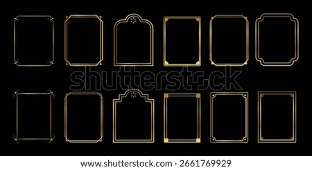 Golden frame set on black background. Thin linear rectangular golden frame shape bundle. Luxury Minimalist Geometric golden shape frame collection. Vector collection.