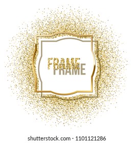 Golden frame with shadow and golden glitter isolated on white background. Vector golden luxury frame.