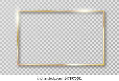 Golden frame with shadows isolated on transparent background. Gold border frame for decoration. Vector Illustration.