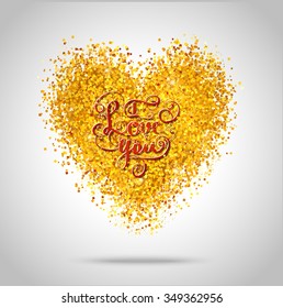 Golden frame in the shape of a heart made of golden confetti on white background.