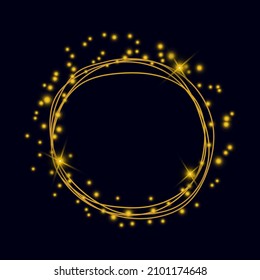 Marco dorado con luces brillantes en un fondo oscuro. Borde aislado de color dorado. Marco de navidad vectorial