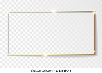 Golden frame with a shiny glow. Frame with shadows isolated on transparent background. Golden luxury realistic rectangle border. Vector illustration EPS10