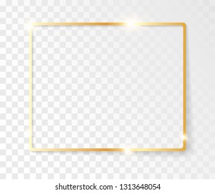 Golden frame with a shiny glow. Frame with shadows isolated on transparent background. Golden luxury realistic rectangle border. Vector illustration EPS10