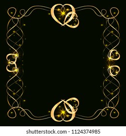 Golden frame with sparkles and highlights, with hearts on a black background, stamping on Valentine's Day, wedding, gold borders with highlights and hearts
