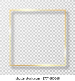 Golden frame in square shape with light effect. Golden luxury frame or border with glares and light on transparent background. Vector