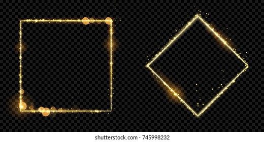 Golden frame squares of gold glitter light particles. Vector shiny sparkling round line square with glowing magic neon light effect on black banner background. Glow border frame design