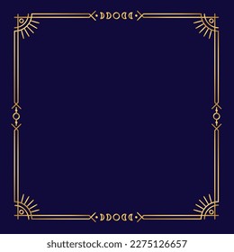 Golden frame with sun and moon with copy space on dark blue. Ornate card, banner, background. Elegant border for horoscope, astrology, natal chart boho style design vector illustration