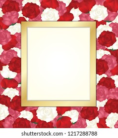 Golden frame surrounded by red, pink and white roses
