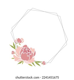 Plantilla de marco dorado con decoración de flores de piedra con capuchas y vegetación.Concepto de decoración de bodas, invitaciones