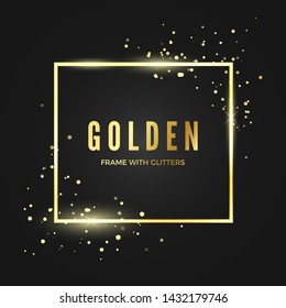 Golden frame template with glitter effect for banner and poster. Gold square shape border with space for text.  Vector illustration isolated on dark background