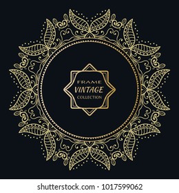 Golden frame template with label and Vintage sign. Decorative line art border, geometric round ornament, linear circular motif. Isolated design element, gold on black background. Elegant fashion lace