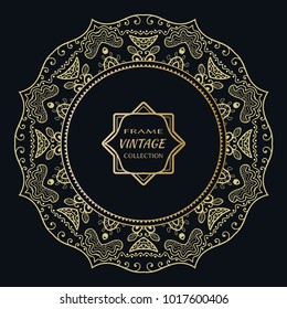 Golden frame template with label and Vintage sign. Decorative line art border, geometric round ornament, linear circular motif. Isolated design element, gold on black background. Elegant fashion lace