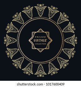Golden frame template with label and Vintage sign. Decorative line art border, geometric round ornament, linear circular motif. Isolated design element, gold on black background. Elegant fashion lace