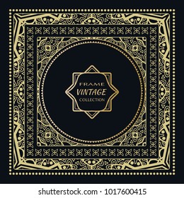 Golden frame template with label and Vintage sign. Decorative line art border, geometric square ornament, linear circular motif. Isolated design element, gold on black background. Elegant fashion lace