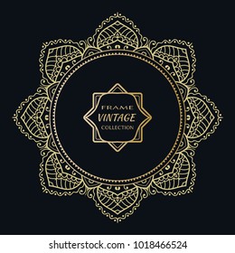 Golden frame template with label and Vintage sign. Decorative line art border, geometric round ornament, linear circular motif. Isolated design element, gold on black background. Elegant fashion lace