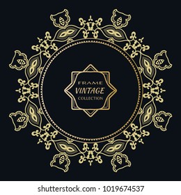 Golden frame template with label and Vintage sign. Decorative line art border, geometric round ornament, linear circular motif. Isolated design element, gold on black background. Elegant fashion lace