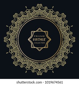 Golden frame template with label and Vintage sign. Decorative line art border, geometric round ornament, linear circular motif. Isolated design element, gold on black background. Elegant fashion lace