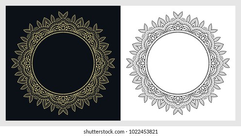 Golden frame template with label and Vintage sign. Decorative line art border, geometric round ornament, linear circular motif. Isolated design element, gold on black background. Elegant fashion lace