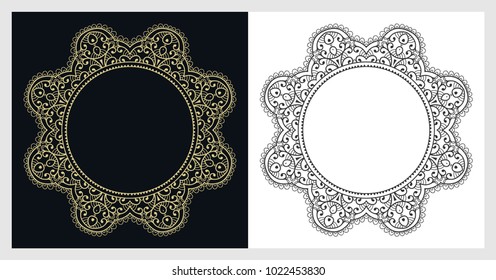 Golden frame template with label and Vintage sign. Decorative line art border, geometric round ornament, linear circular motif. Isolated design element, gold on black background. Elegant fashion lace