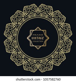 Golden frame template with label and Vintage sign. Decorative line art border, geometric round ornament, linear circular motif. Isolated design element, gold on black background. Elegant fashion lace