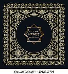Golden frame template with label and Vintage sign. Decorative line art border, geometric round ornament, linear circular motif. Isolated design element, gold on black background. Elegant fashion lace