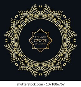 Golden frame template with label and Vintage sign. Decorative line art border, geometric round ornament, linear circular motif. Isolated design element, gold on black background. Elegant fashion lace