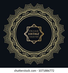 Golden frame template with label and Vintage sign. Decorative line art border, geometric round ornament, linear circular motif. Isolated design element, gold on black background. Elegant fashion lace