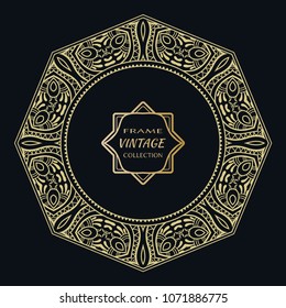 Golden frame template with label and Vintage sign. Decorative line art border, geometric round ornament, linear circular motif. Isolated design element, gold on black background. Elegant fashion lace