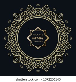 Golden frame template with label and Vintage sign. Decorative line art border, geometric round ornament, linear circular motif. Isolated design element, gold on black background. Elegant fashion lace