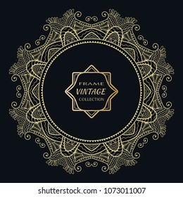 Golden frame template with label and Vintage sign. Decorative line art border, geometric round ornament, linear circular motif. Isolated design element, gold on black background. Elegant fashion lace