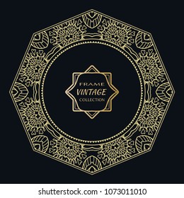 Golden frame template with label and Vintage sign. Decorative line art border, geometric round ornament, linear circular motif. Isolated design element, gold on black background. Elegant fashion lace