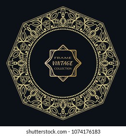 Golden frame template with label and Vintage sign. Decorative line art border, geometric round ornament, linear circular motif. Isolated design element, gold on black background. Elegant fashion lace