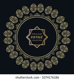 Golden frame template with label and Vintage sign. Decorative line art border, geometric round ornament, linear circular motif. Isolated design element, gold on black background. Elegant fashion lace