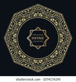 Golden frame template with label and Vintage sign. Decorative line art border, geometric round ornament, linear circular motif. Isolated design element, gold on black background. Elegant fashion lace