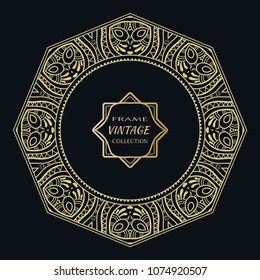 Golden frame template with label and Vintage sign. Decorative line art border, geometric round ornament, linear circular motif. Isolated design element, gold on black background. Elegant fashion lace