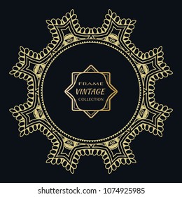 Golden frame template with label and Vintage sign. Decorative line art border, geometric round ornament, linear circular motif. Isolated design element, gold on black background. Elegant fashion lace